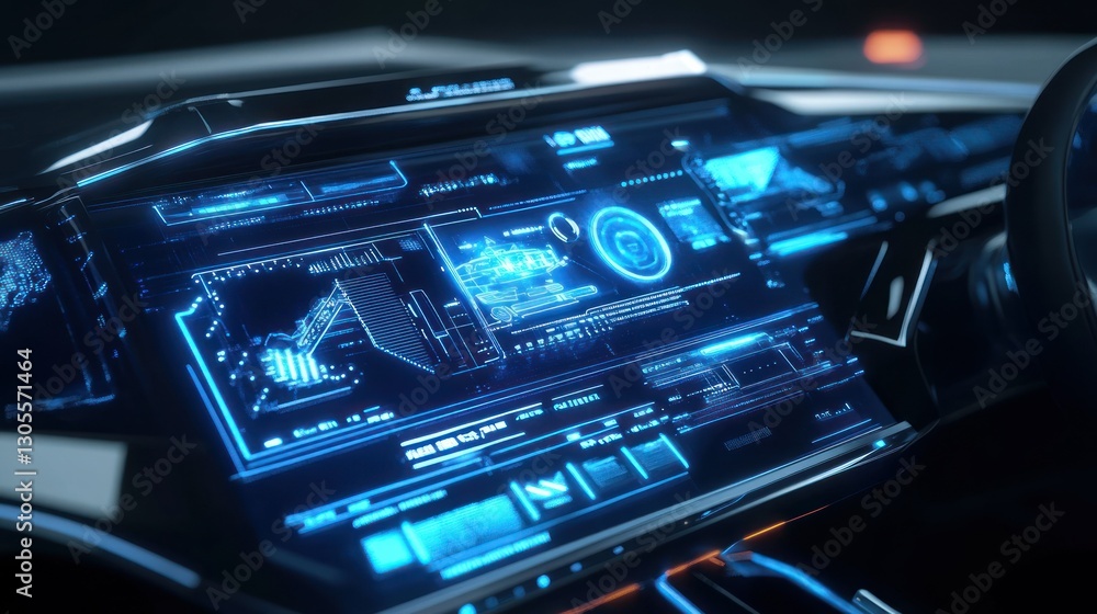 Poster futuristic car dashboard displaying digital information with blue lights