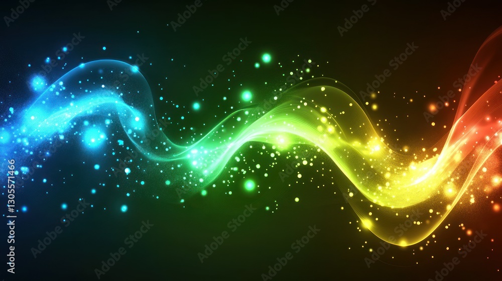 Poster Bright colored wavy lines with sparkling dots on a dark background