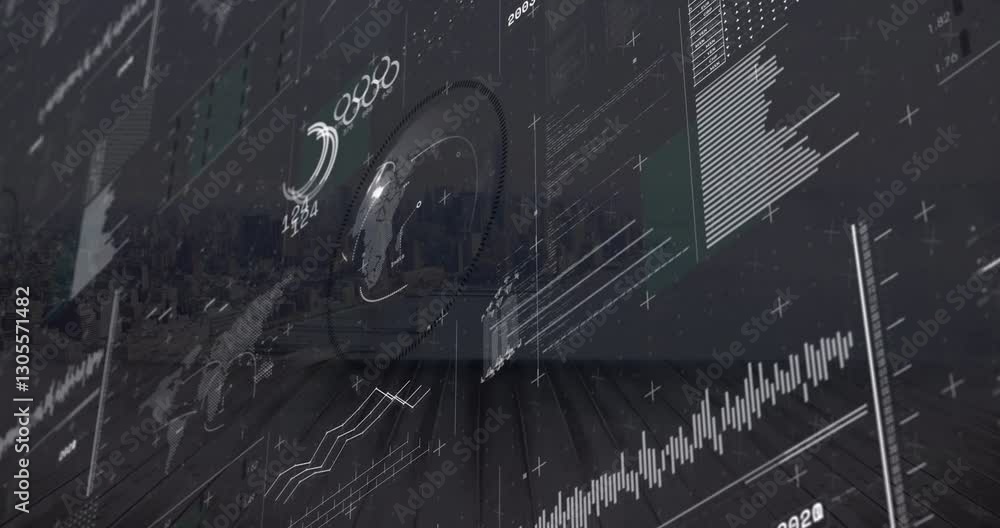 Poster animation of digital graphs and data visualization over urban cityscape background