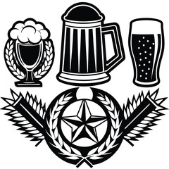 Vintage Beer Mug Collection,Retro Beer Glasses and Barley,Classic Beer Stein Design | Brewery-Themed Artwork.