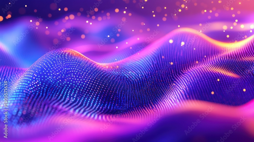 Poster Colorful flowing abstract pattern displaying waves with shimmering particles in space