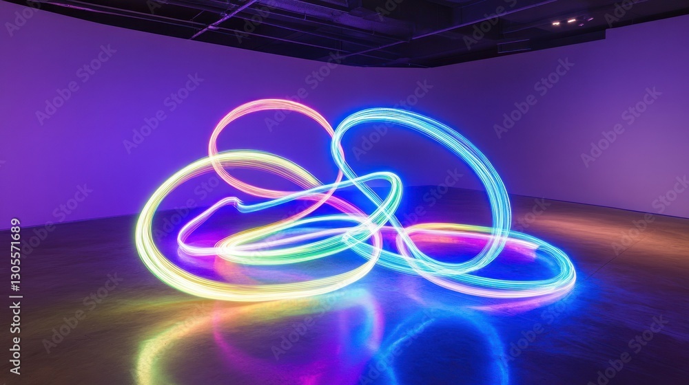 Poster A Colorful Light Sculpture Displays Loops and Curves in a Room