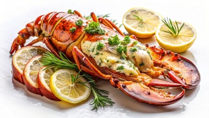 Grilled lobster split in half, revealing tender meat, topped with melted herb butter for a glossy finish. Charred grill marks and fresh dill enhance the luxurious appeal of this gourmet dish