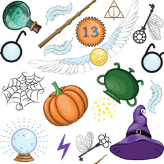 Magic items seamless pattern in cartoon bright style. Witchcraft and sorcery, Esotericism and mysticism, occultism