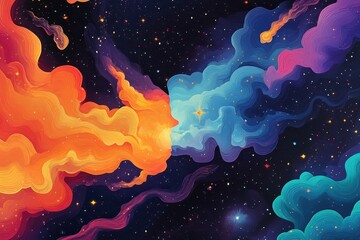 Colorful abstract clouds are merging in a dark starry night sky