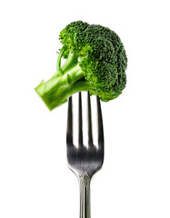 fresh broccoli on fork isolated on white backround