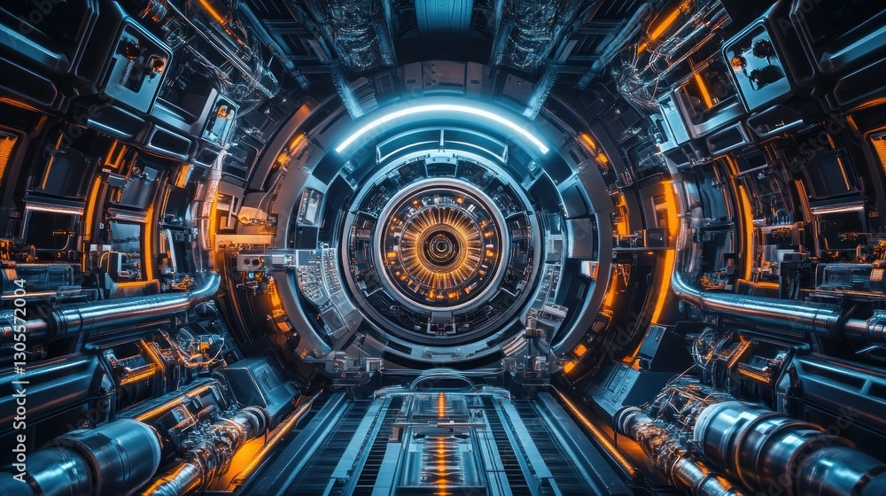 Poster futuristic interior depicts advanced technology and complex mechanical components