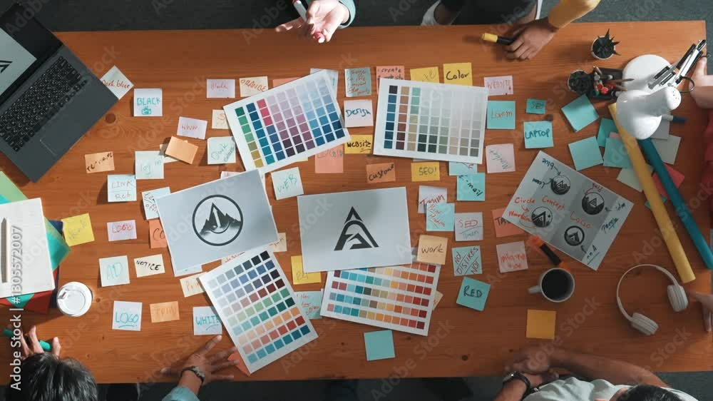 Poster top down view of smart designer explain and brainstorming idea for logo design and writing concept. 