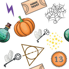 Magic items seamless pattern in cartoon bright style. Witchcraft and sorcery, Esotericism and mysticism, occultism