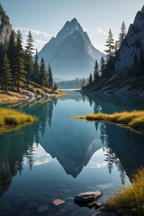 Naklejka premium mountains reflected in a lake with a mountain in the background