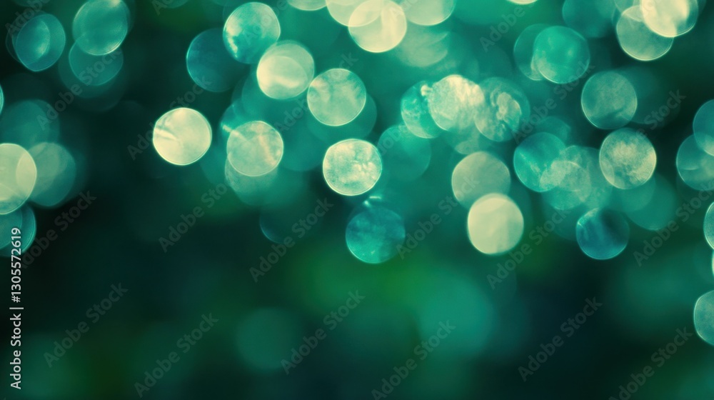Poster a blurred bokeh display of turquoise and green circular lights
