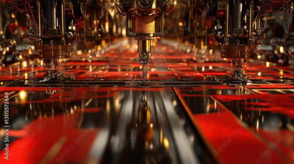 Poster a futuristic mechanical assembly line is manufacturing something complex