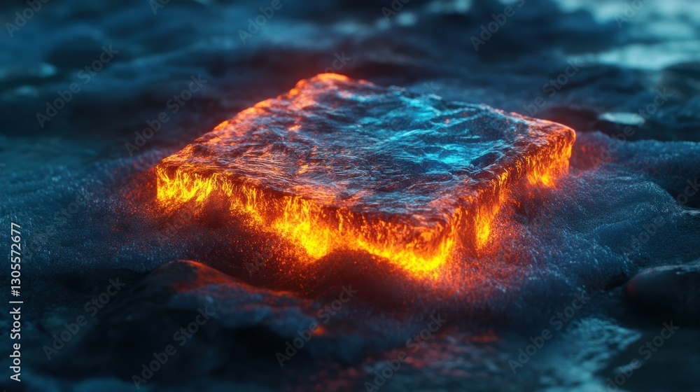 Aufkleber glowing square object melting and immersed in dark icy water