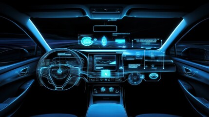 Futuristic car dashboard displays information while driving through the night