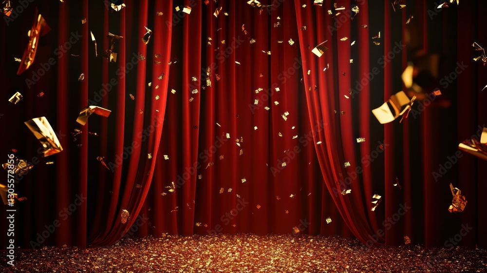 Poster the curtains open to a stage with falling golden confetti