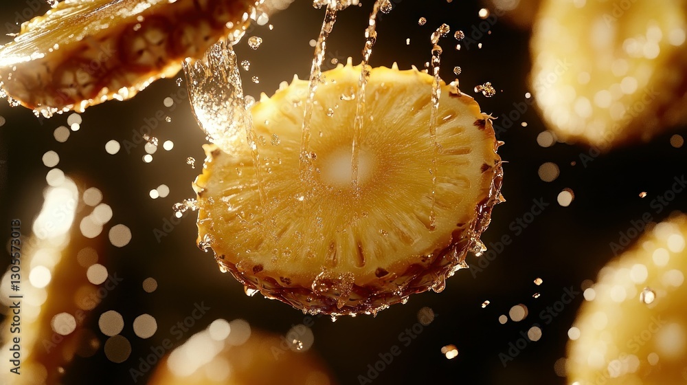 Poster pineapple slices with water droplets on a dark background