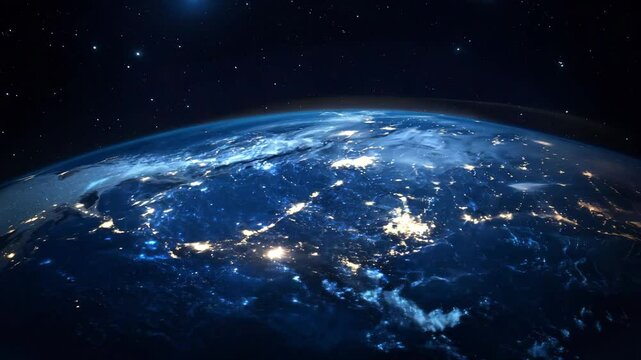 Nighttime perspective of Earth from above showcasing city lights illuminating various regions against a backdrop of stars