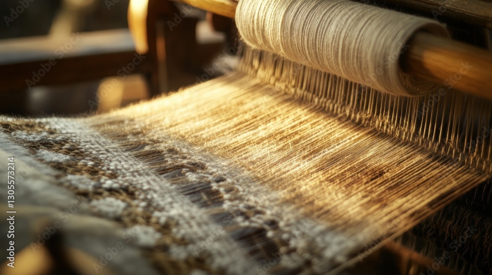 Poster close up of a hand weaving loom with white thread