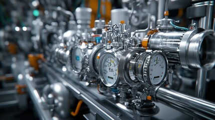 Fototapeta premium Industrial machinery with gauges and metal pipes showing detail