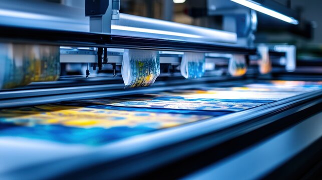 Printing machine is in operation producing printed vibrant colorful images