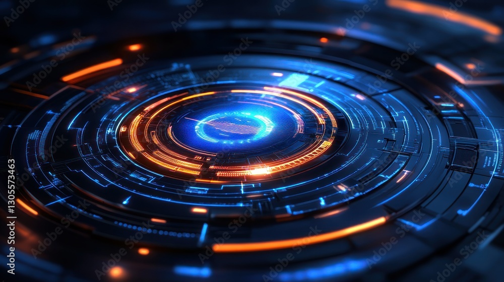 Poster An abstract and glowing technological graphic of circular design elements