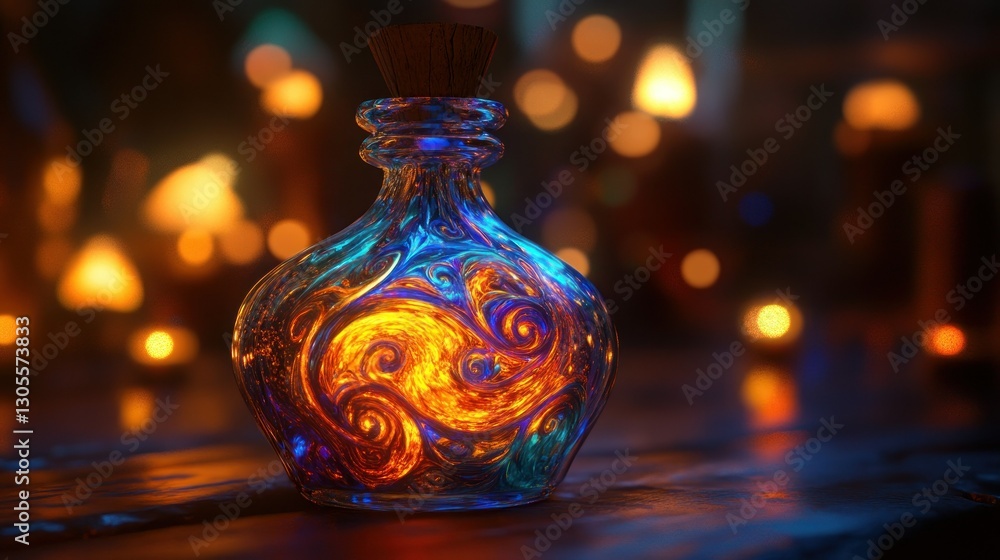 Poster a glowing bottle contains magical fluid with swirling patterns