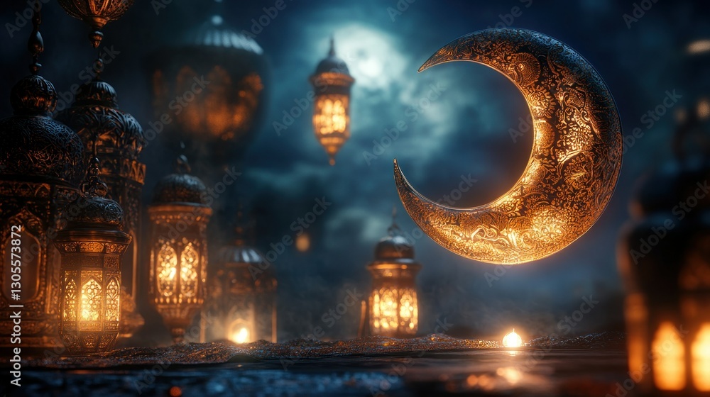 Poster A Glowing Crescent Moon with Lanterns on a Dark Background