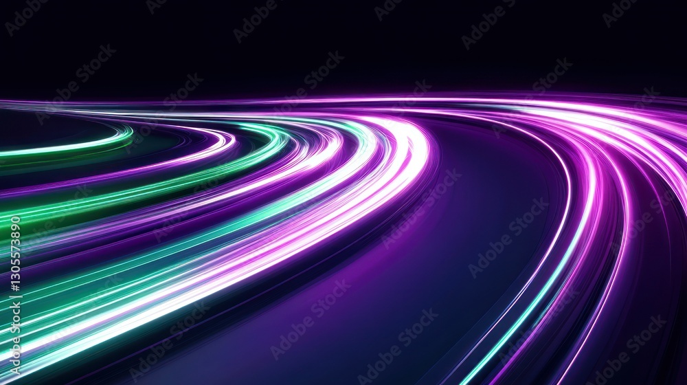 Poster Bright light trails curve across a dark abstract background