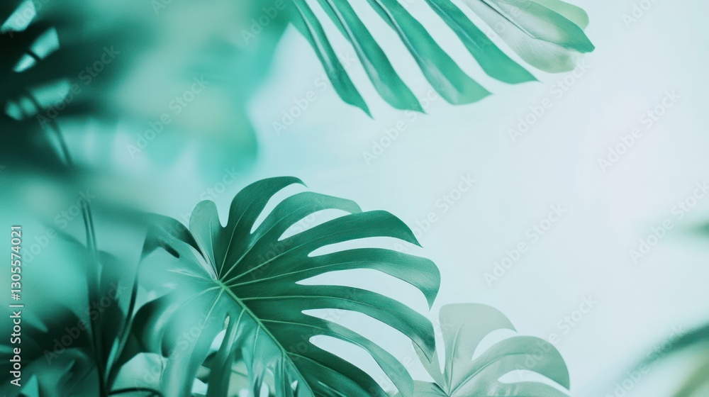Poster Overlapping Monstera Leaves with Subtle Hues in a Light Background