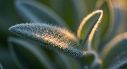 Naklejka premium Close Up of Fuzzy Plant Leaf with Morning Dew and Sunlight