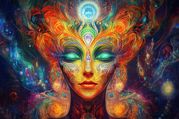Divine Psychedelic Goddess in a Celestial Dreamscape, face, Radiating Cosmic Energy, With Luminous Eyes, Sacred Geometry, Ethereal Light, and Mystical Vibrations in a DMT-Inspired Visionary Realm.