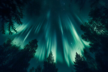 Obraz premium A stunning view of the Aurora Borealis painting the night sky with vibrant green and blue streaks, illuminating a dense forest