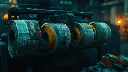 Rolls of newspaper are rotating on a printing machine in dark setting