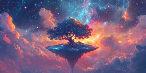 A solitary tree flourishes on a floating celestial island amid clouds