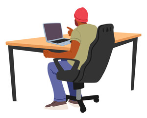 Video game developer sitting front of laptop computer at desk table isolated on white background