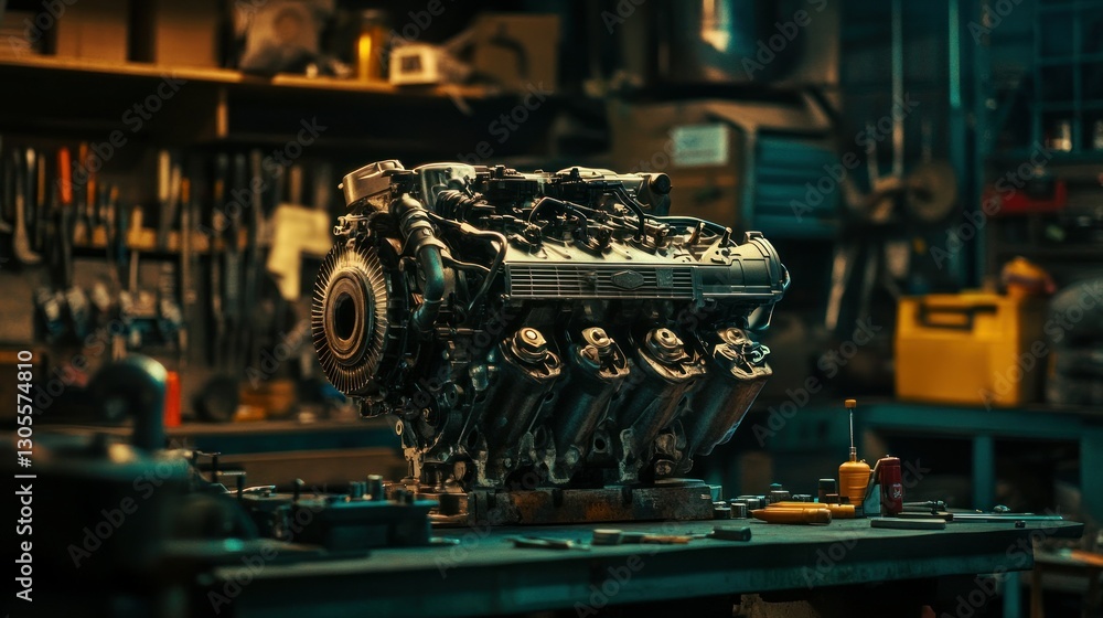 Poster a large car engine sits on the workbench in the workshop