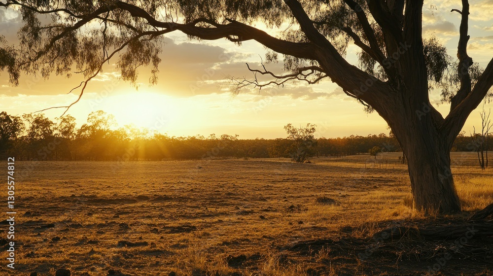 Aufkleber the sun sets over a grassy field with a large tree