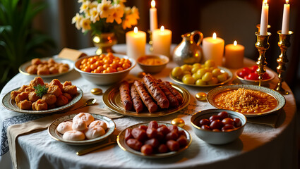Naklejka premium Delicious Festive Middle Eastern Food Platter Golden Table Setting Warm Candlelight Cozy Atmosphere Rich Delicious Cuisine Arabian Night Dinner Party 