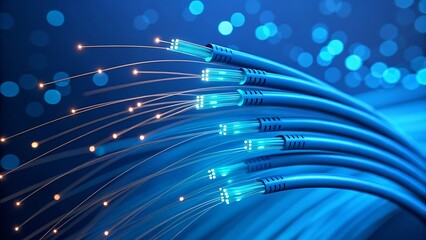Close-up of a futuristic fiber optic cable with glowing blue light, symbolizing data transmission and modern communication technology.