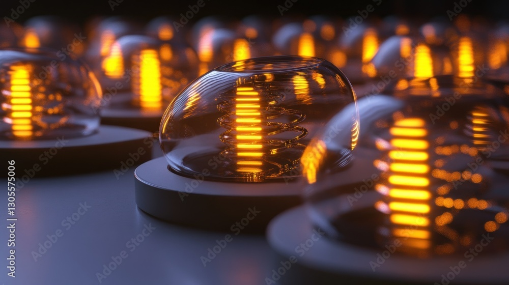 Poster illuminated glass orbs with coiled elements set on a dark surface
