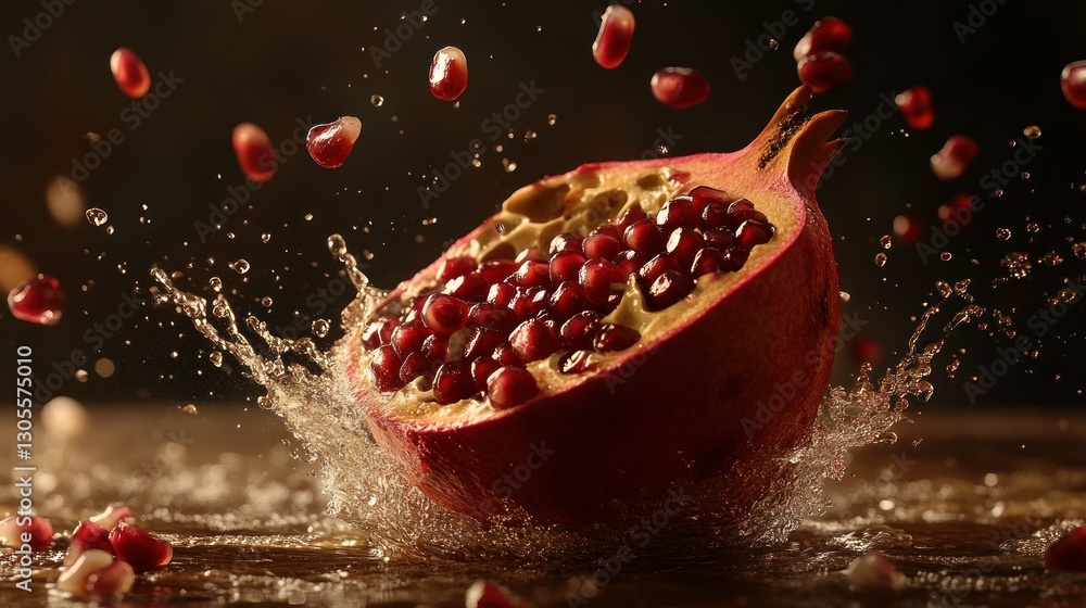 Poster a single pomegranate bursts open with a splash of water