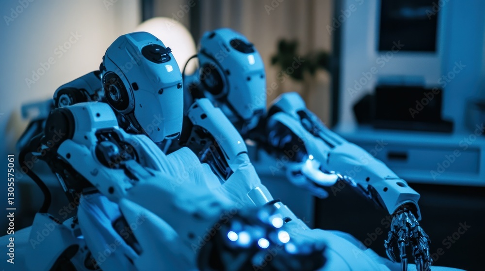 Poster two white robots resting in a blue futuristic environment