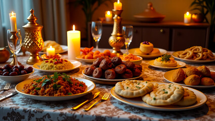 Delicious Moroccan Festive Dinner Table Setting Warm Golden Lighting Elegant Dishes Traditional Food Couscous Dates Breads Sweets Appetizers Meal Rich