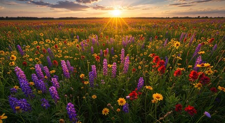 Obraz premium Vibrant wildflower field under a stunning golden sunset with blooming purple, red, and yellow flowers swaying gently in the warm breeze