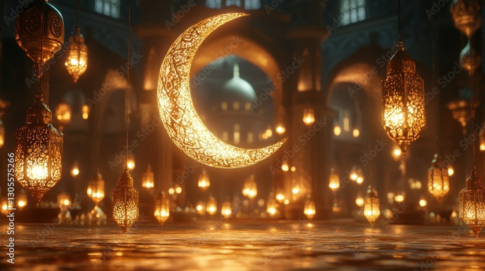 Poster Glowing crescent moon and lanterns decorate an elegant space elegantly