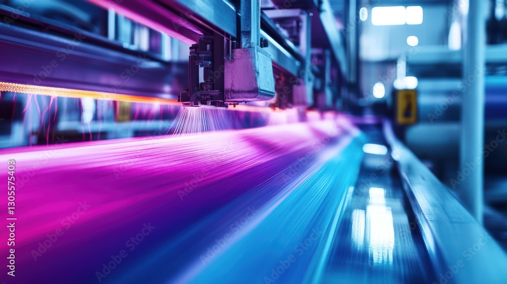 Poster A textile processing machine industrializes fabric with colorful processing