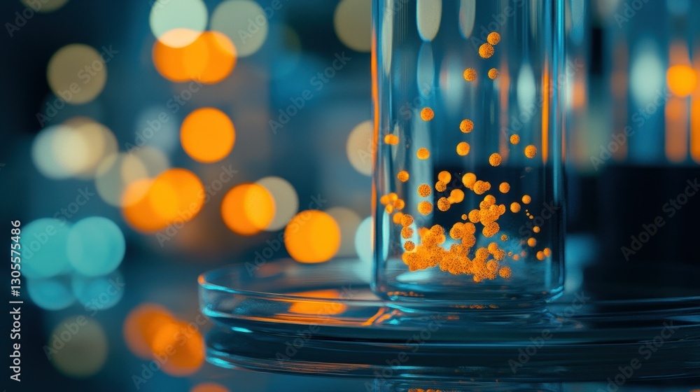 Poster scientific glassware containing orange spherical objects lit from above
