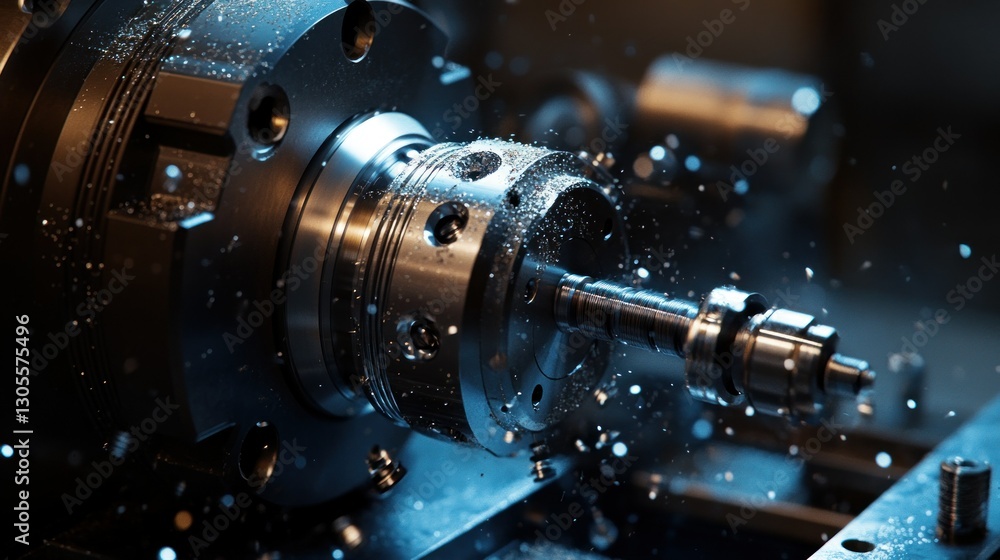 Poster a close up of a metal lathe machining a part
