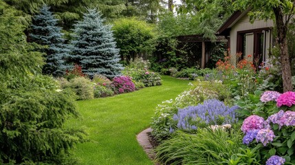 Fototapeta premium A small garden in Canada is blooming with colorful flowers and evergreen trees. The garden has blue spruces, hosta plants, astilbes, and azaleas.