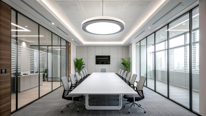 Minimalist boardroom interior with a sleek white table, modern black chairs, and large windows offering natural light